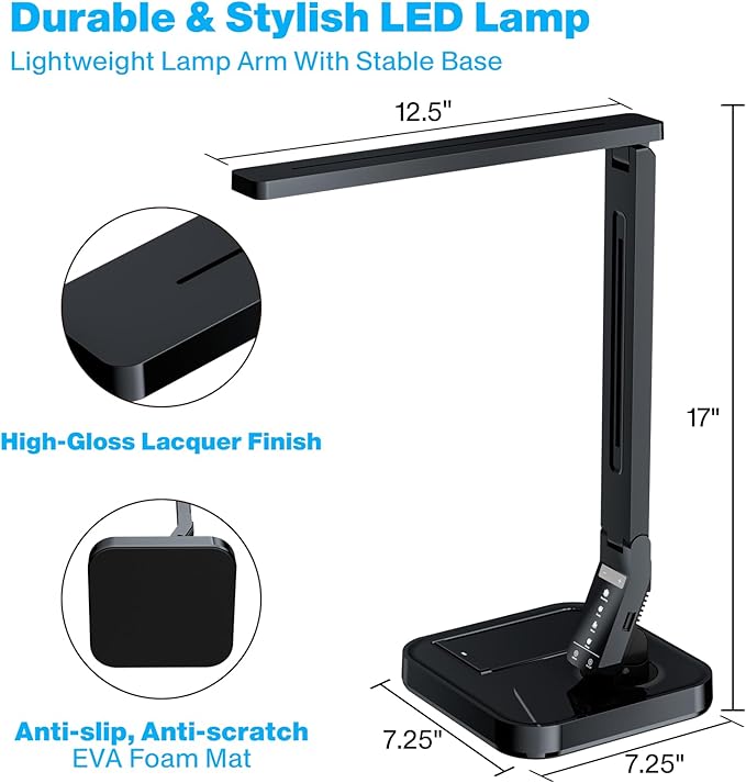 Ambertronix LED Desk Lamp, Patented Vertical Wireless Charger, 14W, 530 Lumens, Table Lamp with USB Charging Port, Dimmable Eye-Caring, 5 Brightness & 4 Light Modes, Touch Control, Auto Timer - LeafyLoom