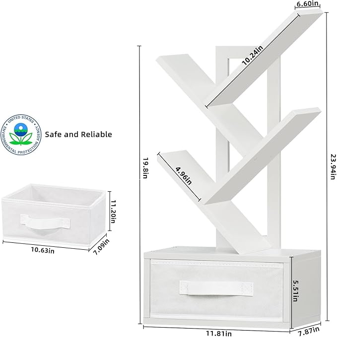 Small Bookshelf with Drawer,4 Tier Tree Book Shelf,Wood Desk Bookshelves,Modern Free Standing Desktop Display Shelves,White Floor Standing Organizer Bookcase for Living Room,Bedroom,Office - LeafyLoom