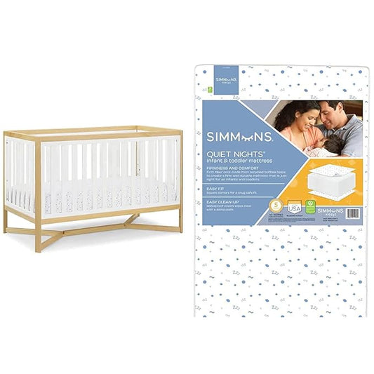 Delta Children Tribeca 4-in-1 Baby Convertible Crib + Simmons Kids Quiet Nights Crib and Toddler Mattress Made from Recycled Water Bottles/GREENGUARD Gold Certified [Bundle], Bianca White/Natural - LeafyLoom