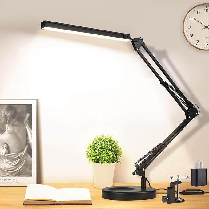 LED Desk Lamp with Clamp and Round Base,Eye Caring Table Lamp with Swing Arm,3 Color Modes 10 Brightness Levels,Memory Function, Desk Light for Home Office with USB Adapter Black-14W - LeafyLoom