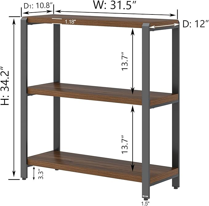 FOLUBAN Small Bookshelf and Bookcase, 3 Tier Low Short Book Shelf, Industrial Metal and Wood Book Case for Living Room Bedroom, Rustic Walnut - LeafyLoom