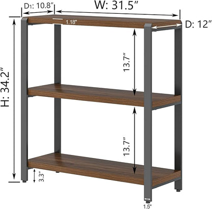 FOLUBAN Small Bookshelf and Bookcase, 3 Tier Low Short Book Shelf, Industrial Metal and Wood Book Case for Living Room Bedroom, Rustic Walnut - LeafyLoom