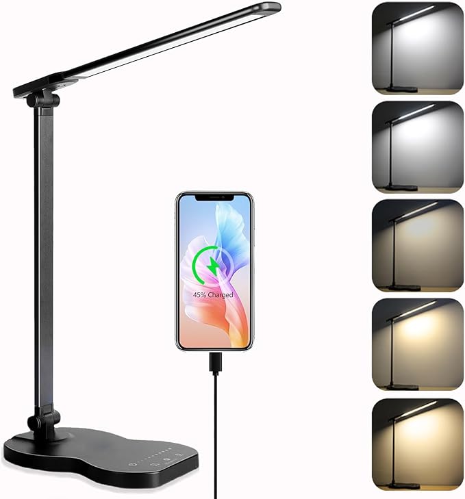 Led Desk Lamp with USB Charging Port, 5 Lighting Colors & 10 Brightness Reading Lamp, Foldable Dimmable LED Desk Light, 3000-6500K, Violin Shape Black Lamp Desk Lamps for Home Office - LeafyLoom