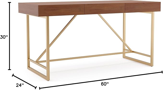 Lizon Modern 60 Inch Wood Desk with Drawers, Office Table with Storage, Vanity Without Mirror for Bedroom, Study Room, Dorm, 60-inch, Light Walnut Brown and Gold - LeafyLoom