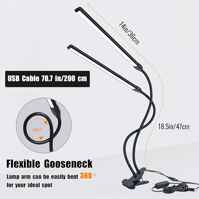 Desk Lamp, Clamp on Lamp with 2 LED Tubes, 13W, 1200 Lms, 3 Color Modes, 10 Brightness Levels, 18.5 Inches Flexible Gooseneck LED Clip Book Light for Reading, Working (Adapter Included) - LeafyLoom