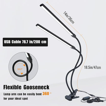 Desk Lamp, Clamp on Lamp with 2 LED Tubes, 13W, 1200 Lms, 3 Color Modes, 10 Brightness Levels, 18.5 Inches Flexible Gooseneck LED Clip Book Light for Reading, Working (Adapter Included) - LeafyLoom