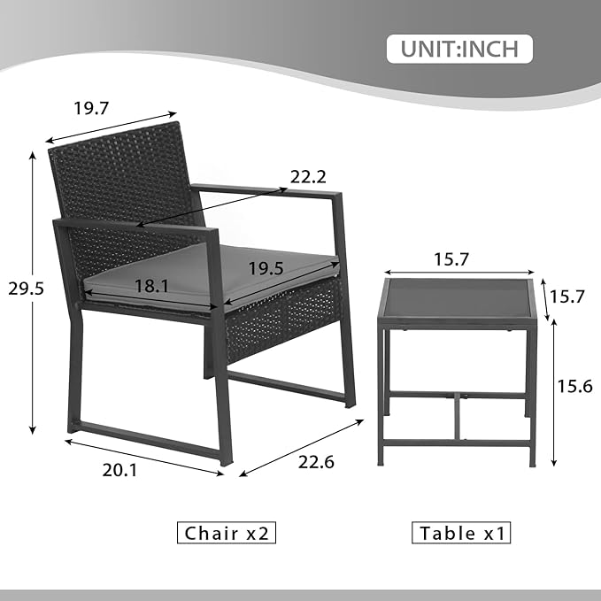 FDW 3 Piece Patio Furniture Sets Wicker Patio Chairs Rattan Outdoor Bistro Set Outdoor Furniture for Backyard Porch Poolside Lawn,Grey Cushion - LeafyLoom