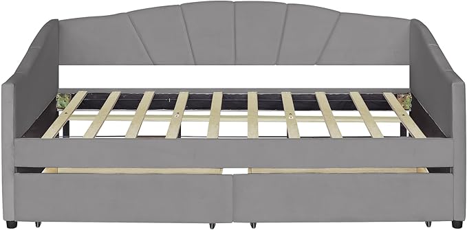 Twin Size Upholstered Daybed with Two Drawers, Wood Slat Support Sofa Bed with Armrest, No Box Spring Needed, Easy to Assemble, for Studio, Bedroom, Living, Guest Room, Gray - LeafyLoom