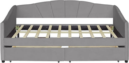 Twin Size Upholstered Daybed with Two Drawers, Wood Slat Support Sofa Bed with Armrest, No Box Spring Needed, Easy to Assemble, for Studio, Bedroom, Living, Guest Room, Gray - LeafyLoom