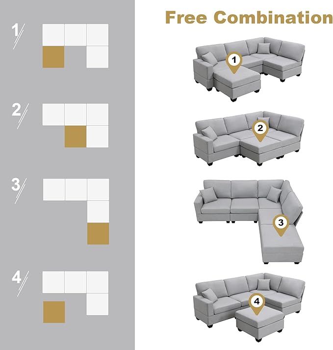 89.8" Modern Sectional Sofa with Convertible Ottoman and 2 Pillows,L-Shape Linen Fabric Corner Couch 5 Set W/Back & Cushion,can Hold up to 330 Lbs,for Apartment,Living Room,Light Grey - LeafyLoom