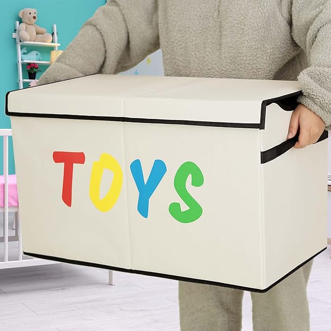 VICTOR'S Kids Toy Box Chest - Extra Large Lightweight Collapsible Toy Storage Organizer Boxes Bins Baskets for Kids, Boys, Girls, Nursery Room, Playroom, Closet (Beige) - LeafyLoom