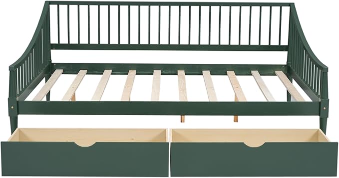 Full Size Daybed with Two Drawers,Solid Wood Storage Bed Frame W/Wooden Slat Support,Guide Rail Design on Three Sides,Easy to Assemble,for Bedroom Living Room,Green - LeafyLoom