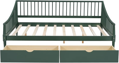 Full Size Daybed with Two Drawers,Solid Wood Storage Bed Frame W/Wooden Slat Support,Guide Rail Design on Three Sides,Easy to Assemble,for Bedroom Living Room,Green - LeafyLoom