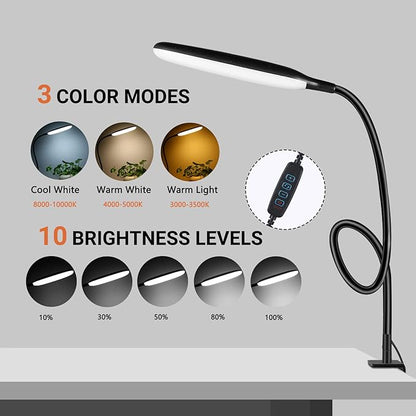 LED Desk Lamp with Clamp, 10W Flexible Gooseneck Swing Arm Clip Lamp with USB Plug, 3 Color Modes, 30 Brightness Levels, Eye-Caring Portable Desk Light for Home Office Reading Working (Black) - LeafyLoom