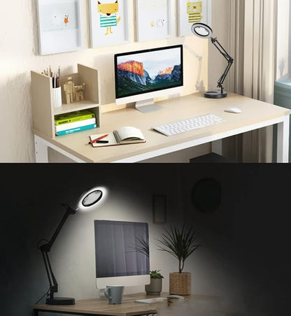 Meichoon LED Desk Lamp with Round Base 5X Magnifying Glass Foldable Arm Eye-Caring USB Table Light 3 Color Modes 10 Brightness Levels for Home Office Reading Makeup Crafts Repair UC38 Black - LeafyLoom