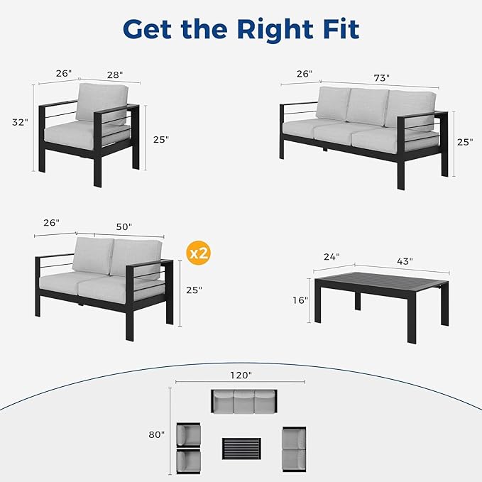Wisteria Lane Aluminum Patio Furniture Set, 5 Piece Outdoor Conversation Set, Sectional Metal Sofa with 5 Inch Cushion and Coffee Table for Balcony, Backyard, Garden, Black Frame and Grey Cushion - LeafyLoom