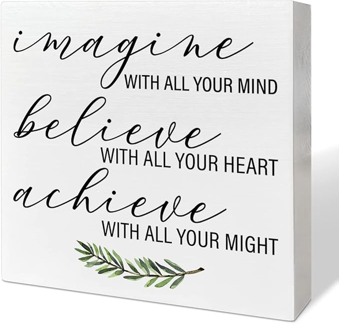 Home Office Desk Wooden Box Sign Decor, Imagine with All Your Mind, Inspirational Quotes Desk Decor Motivational Desk Decorations for Women Men Student Office Classroom School - LeafyLoom