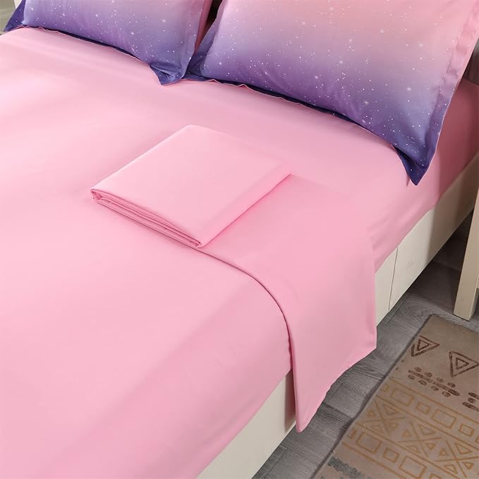 Wowelife Glitter Comforter Set Pink Queen 5 Pieces Galaxy Bedding Set Purple Kids Bedding Set Rainbow Bed in a Bag for Boys and Girls with Comforter, Flat Sheet, Fitted Sheet and 2 Pillowcases - LeafyLoom