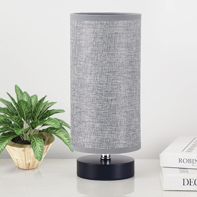 Table Lamp, Bedside Nightstand Lamp, Simple Desk Lamp, Cylinder Table Lamp for Bedroom Living Room Office Study, Grey Shade and Black Base - LeafyLoom