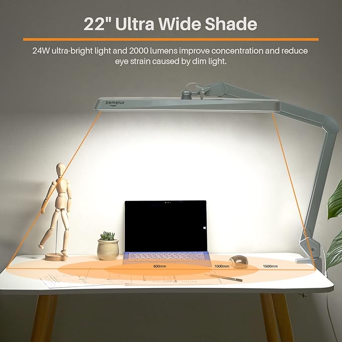 LED Architect Desk Lamp with Clamp, Metal Swing Arm 2000 Lumens Dimming Office Table Lamp for Task Work Drafting Reading Desktop, 234PCS Bright LEDs, 24W, 5 Color Temperatures Workbench Lamp - LeafyLoom