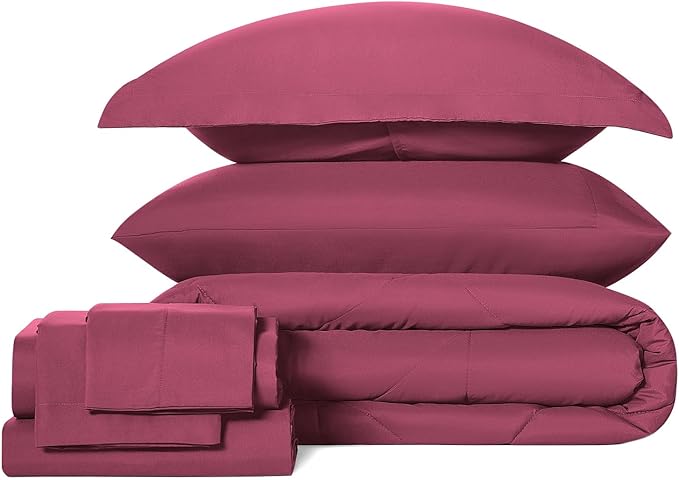 CozyLux Full Comforter Set with Sheets 7 Pieces Bed in a Bag Burgundy All Season Bedding Sets with Comforter, Pillow Shams, Flat Sheet, Fitted Sheet and Pillowcases, Red, Full - LeafyLoom