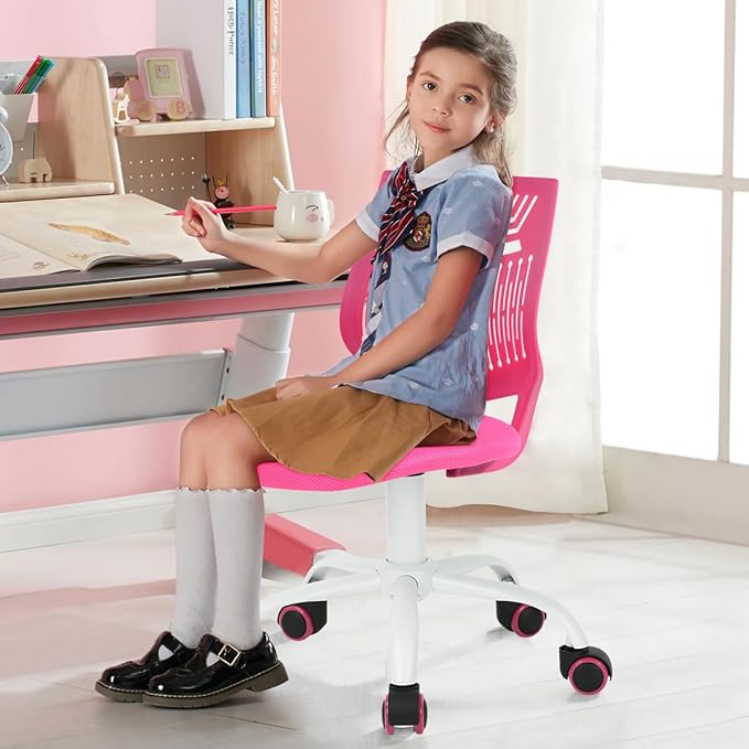 FurnitureR Desk Chair Armless Cute Home Office Desk Chair for Kids, Swivel Computer Task Chair Study Chair with Mesh Padded Cushion and Rolling Wheels for Child, Pink - LeafyLoom