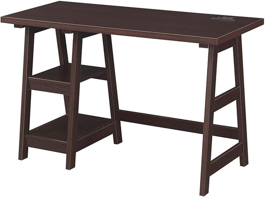 Convenience Concepts Designs2Go Trestle Desk with Charging Station and Shelves, Espresso - LeafyLoom