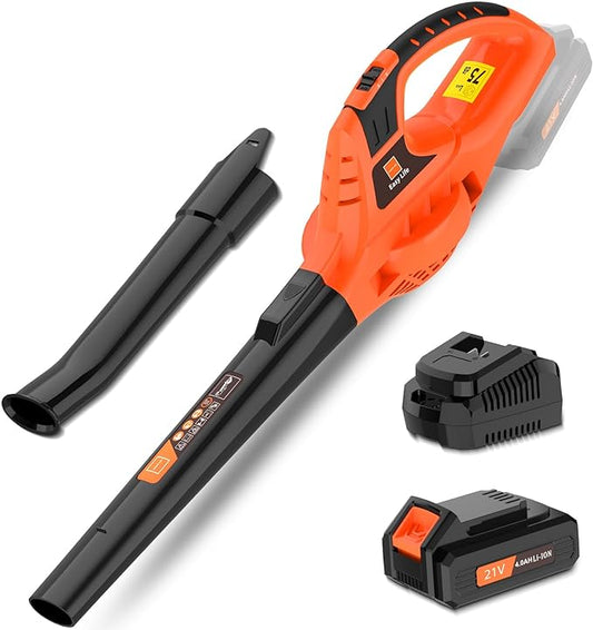 Leaf Blower Cordless,21V Handheld Electric Leaf Blower with 4.0Ah Battery and Charger, 2 Speed Mode, Lightweight Battery Powered Leaf Blower for Lawn Care, Patio, Yard, Sidewalk (Orange) - LeafyLoom