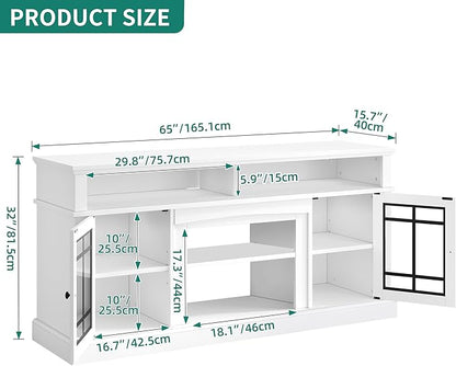 YITAHOME White TV Stand for 75/65 Inch TVs, 32'' Tall Mid Century Modern TV Cabinet with Adjustable Shelves and Glass Doors, Modern Entertainment Center TV Media Console Table for Living Room - LeafyLoom