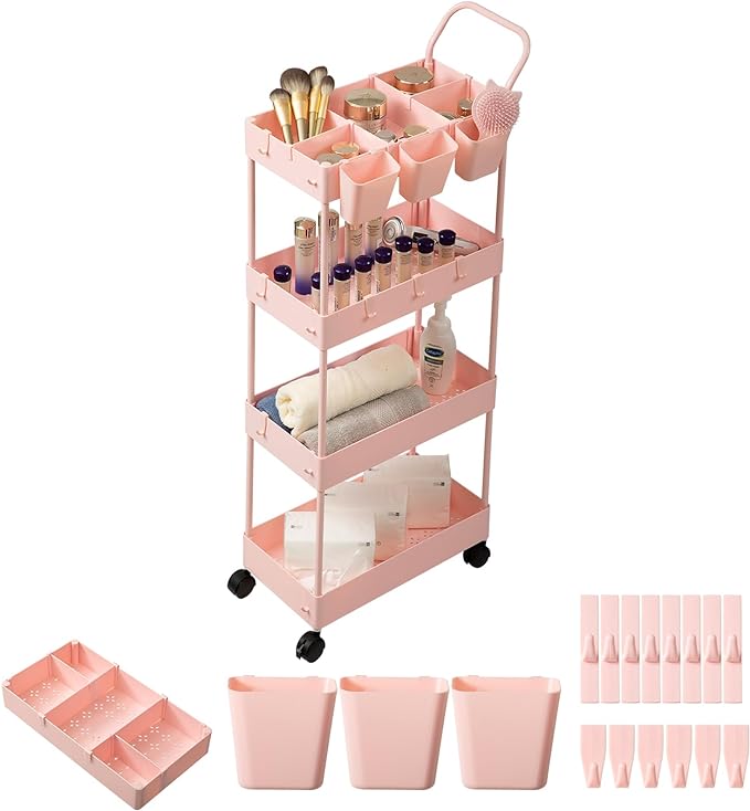 danpinera Slim Storage Cart, 4 Tier Bathroom Cart Organizer Narrow Laundry Cart with Wheels Dividers Hanging Cups Hooks Handle Makeup Lash Cart Shelf Organizer Rack Unit Easy Assembly, Pink - LeafyLoom