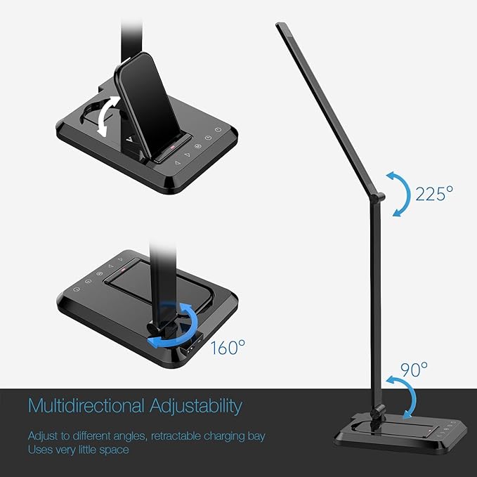 Fugetek LED Desk Office Lamp with Wireless Charger & USB Charging Port, Touch Control, 5 Lighting Modes, 30/60 Min Auto Timer, Eye-Caring, Dimmer, Black - LeafyLoom