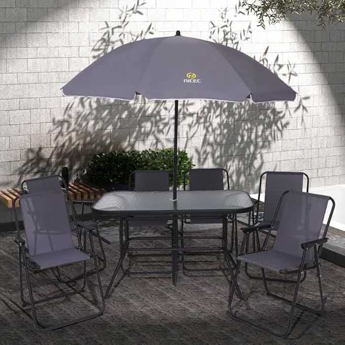 Nice C Outdoor Dining Sets, Patio Furniture Set, 8 Piece Set with Umbrella, Garden Outdoor Furniture Table Set with Tilted Removable Umbrella, Glass Table, and 6 Folding Chairs (Grey) - LeafyLoom