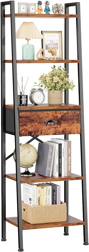 Furologee 5 Tier Ladder Shelf with Drawer, Tall Bookshelf Storage Shelves, Bookcase Standing Shelf Units, Industrial Open Display Shelves Organizer for Bedroom, Living Room, Kitchen, Rustic Brown… - LeafyLoom