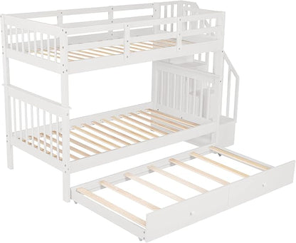 Twin Over Twin Bunk Bed with Stairs Storage and Trundle, Stairway Wooden 3 Bedframes in 1 with Safety Guardrails, for Kids Teens Adult Bedroom, White - LeafyLoom