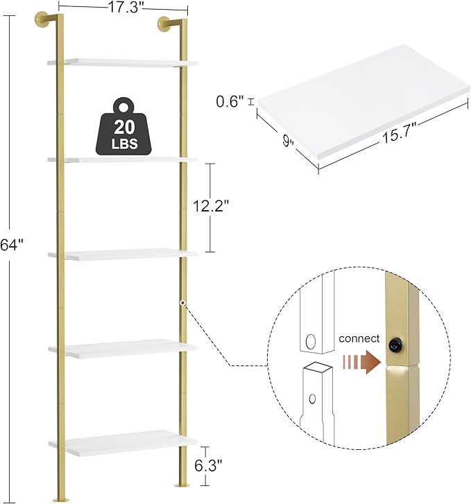 5-Tier Bookshelf Solid Wood Ladder Shelf, Narrow Book shelf Set of 2, Wooden Ladder Shelf Bookcase, Wall Mount Ladder Shelf, Storage Rack for Living Room, Bedroom, Bathroom, White and Gold - LeafyLoom