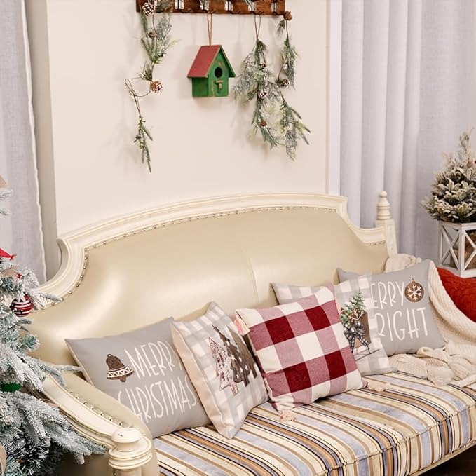 GEEORY Christmas Pillow Covers 18 x 18 Inch Set of 4, Buffalo Plaid Wooden Tree Snow Sleigh Merry Xmas Holiday Decor Decorative Throw Cushion Cases Decoration for Home Party Sofa Couch (Beige) GEEORY