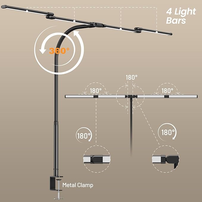 BOHON LED Desk Lamp for Home Office, 24W Architect Task Lamp with Clamp, Desktop Controller, 5 Color Stepless Dimming Table Light, Screen Computer Monitor Gooseneck Lamp for Reading Study Workbench - LeafyLoom