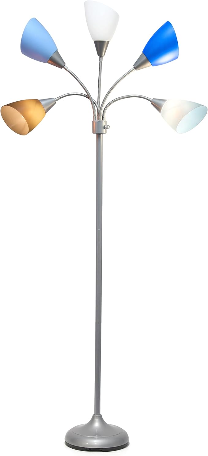 Simple Designs LF2006-SBG 67" Contemporary Multi Head Medusa 5 Light Adjustable Gooseneck Silver Floor Lamp with Blue, White, Gray Shades for Kids Bedroom Playroom Living Room Office - LeafyLoom