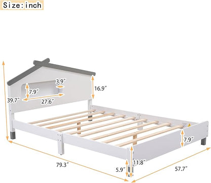 Full Size Bed Frame for Kids,Full Platform Bed with House-Shaped Headboard and Motion Activated Night Lights,Wood Full Kids Bed Frame for Girls,Boys(Full,White) - LeafyLoom