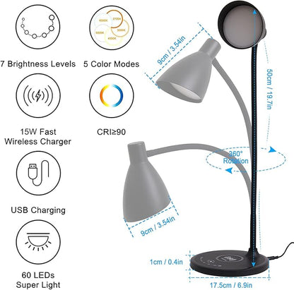 KAiSnova LED Desk Lamp with Wireless Charger, Desk Lamp with USB Charging Port, 5 Colors 7 Brightness Levels Desk Light for Home Office, Eye-Caring Touch Table Lamp for Bedside College Dorm Bedroom - LeafyLoom