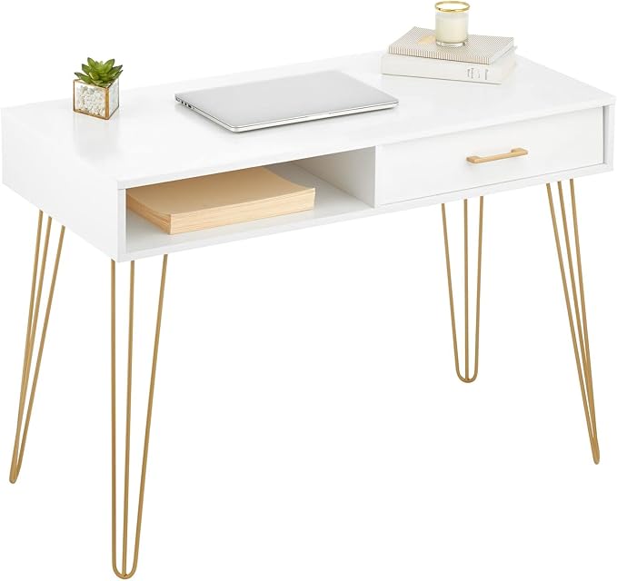 mDesign Metal/Wood Modern Computer Desk - Minimalist Desk and Computer Table with Drawer - Simple Desk with Storage Cubby and Hairpin Legs - Small Work Desk for Home Office, Study - White/Soft Brass - LeafyLoom