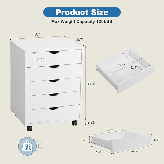 OLIXIS Chest Wood File Cabinet Rolling Organization Storage Dresser with Wheels for Home Office - LeafyLoom