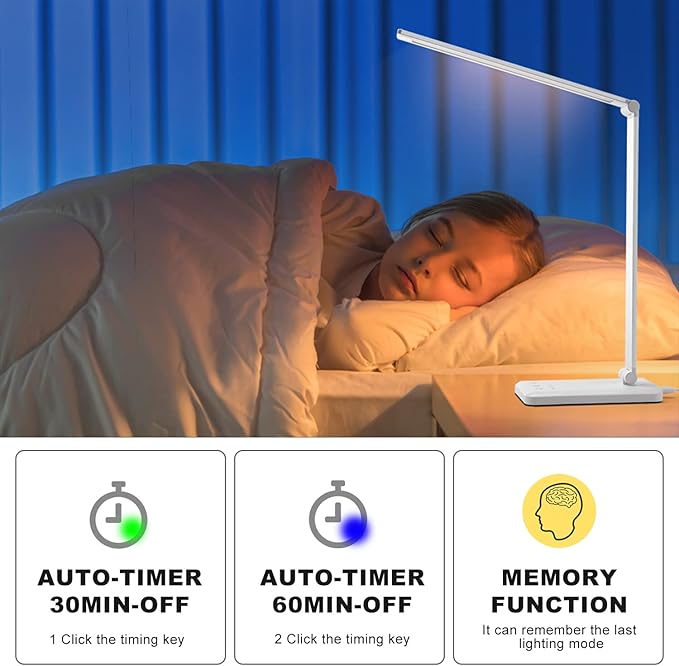 Led Desk Lamp, Desk Lamp with USB Charging Port, 5 Color Modes, 10 Brightness, Natural Light, Eye Caring Reading Lamp, Desk Light for Home Office, Table Lamp, Touch Control, Auto-Timer, White - LeafyLoom