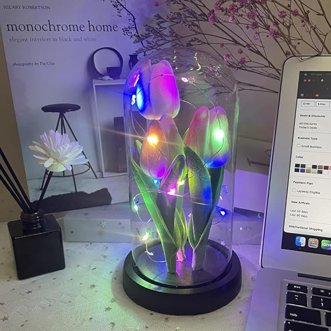 LED Tulip Lamp Artificial Flower Night Light Handmade Light up Tulips in Glass Dome Table Lamp Ornaments Desktop Decor - Battery Operated (Pink-Colour light) - LeafyLoom