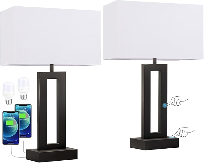 Nightstand Table Lamps for Bedrooms Set of 2 - Touch Bedside Lamp with USB C+A, 3 Way Dimmable Living Room Lamps for End Tables Set of 2, Modern Night Stand Lamps for Bed Side Guest Room(White) - LeafyLoom