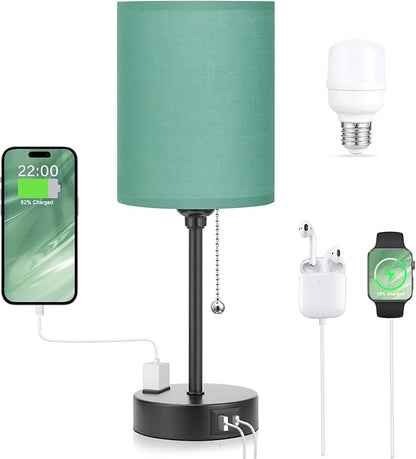 Dicoool Green Table Lamps 3 Color Temperatures - 2700K 3500K 5000K Bedside Lamp with USB C and A Ports, Pull Chain Lamp for Bedroom with AC Outlet, Nightstand Lamp with Black Metal Base for Kids Boys - LeafyLoom