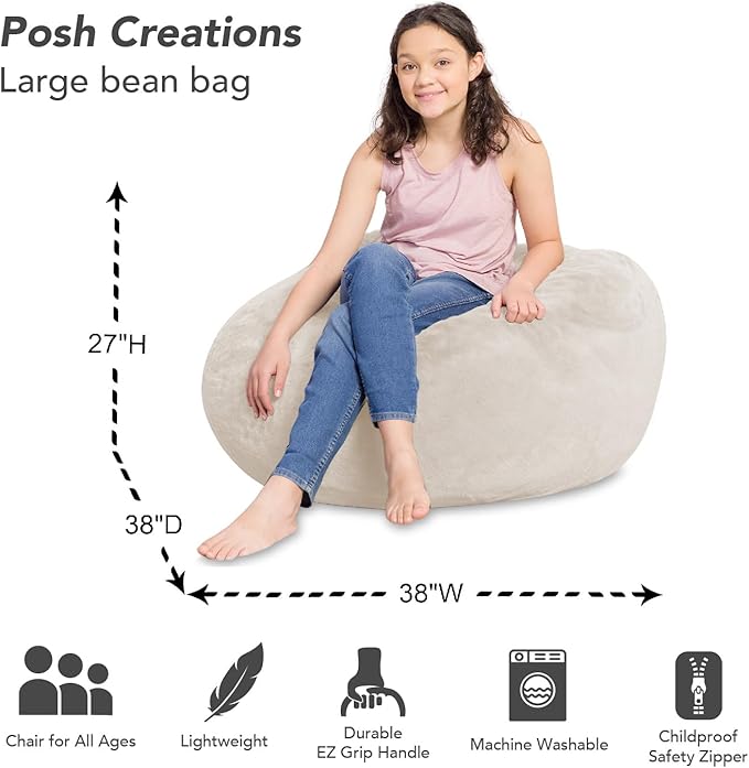 Posh Creations Bean Bag Chair for Kids, Teens, and Adults Includes Removable and Machine Washable Cover, Soft Faux Rabbit Fur - Cream, 38in - Large - LeafyLoom