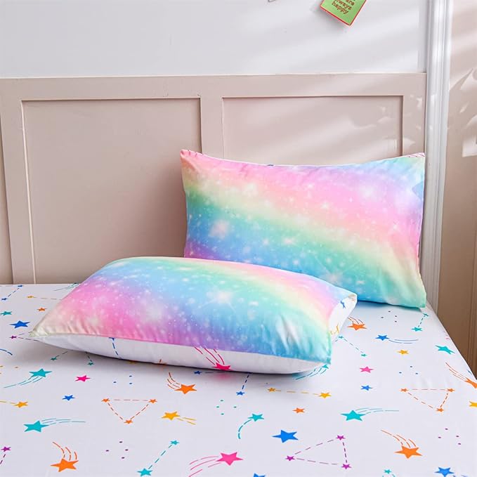 Holawakaka Girls Ombre Glitter Comforter Set, Full Size Gradient Rainbow Galaxy Print Kids Bedding Sets, Multi-color Ultra-soft Dorm Bed Set (Pink Green, Full) - LeafyLoom