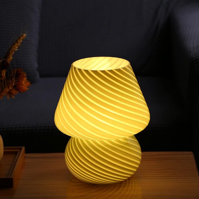 BSOD Glass Mushroom Bedside Table Lamp, Yellow Translucent Murano Vintage Style Striped Small Nightstand Desklamp Swirl Light for Home Decor, Dining, Living, Bedroom, Gift (Stripe Yellow) - LeafyLoom