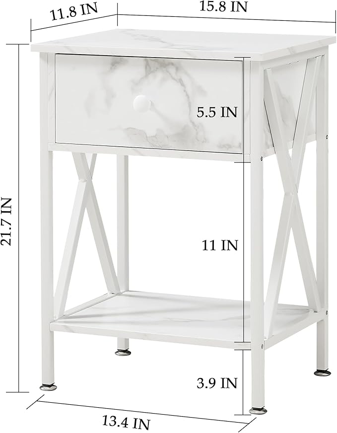 VECELO Night Stands for Bedroom Rustic Nightstand Bedside End Tables with Drawer Storage, Marble White - LeafyLoom